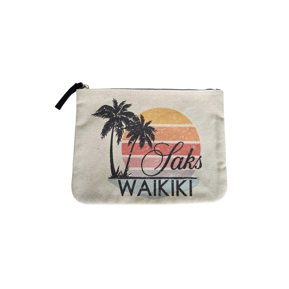 Saks Fifth Avenue‎ Waikiki canvas cosmetic pouch Travel Palm Sunset Hawaii NEW